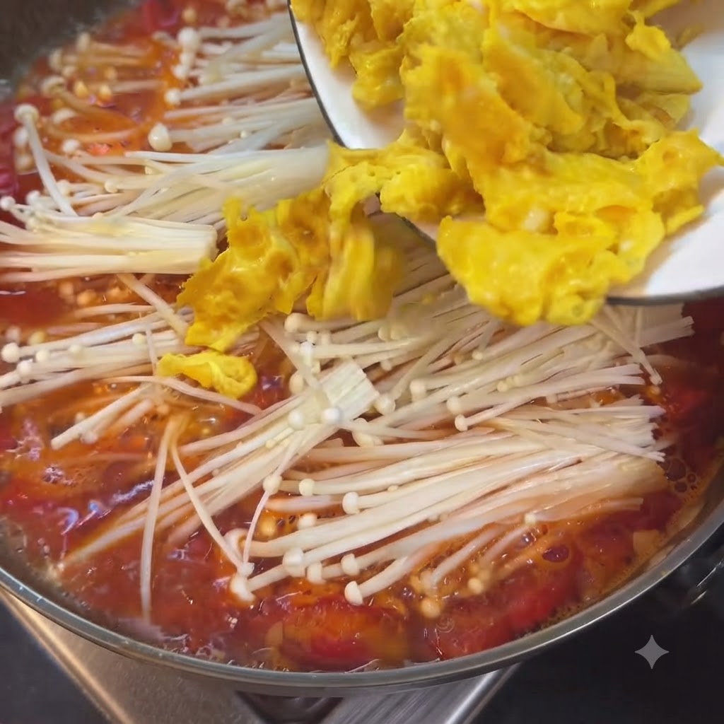 Des œufs brouillés jaunes cuits versés dune assiette blanche dans la casserole de soupe frémissante.