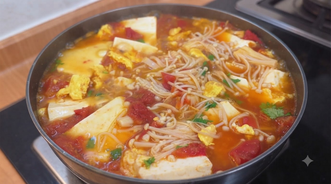 Soupe rapide de tofu, tomates et champignons enoki