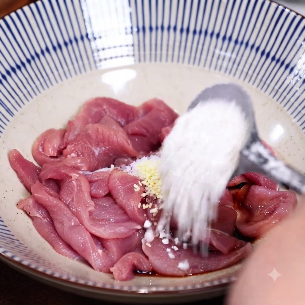 Une cuillerée de fécule blanche versée dans un bol de porc cru tranché avec de lail haché et de la sauce soja.