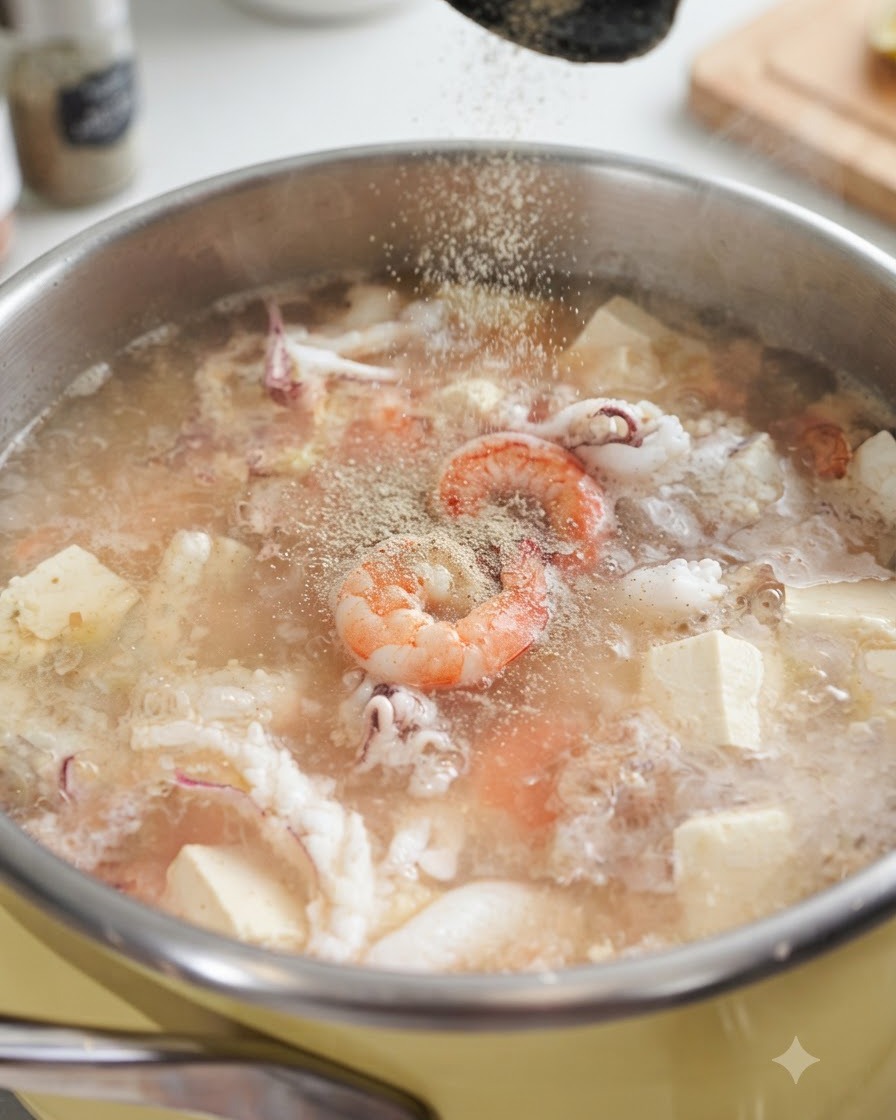 De la poudre de poivre blanc saupoudrée dans une casserole de soupe de fruits de mer en ébullition active contenant des crevettes, des calmars et du tofu.
