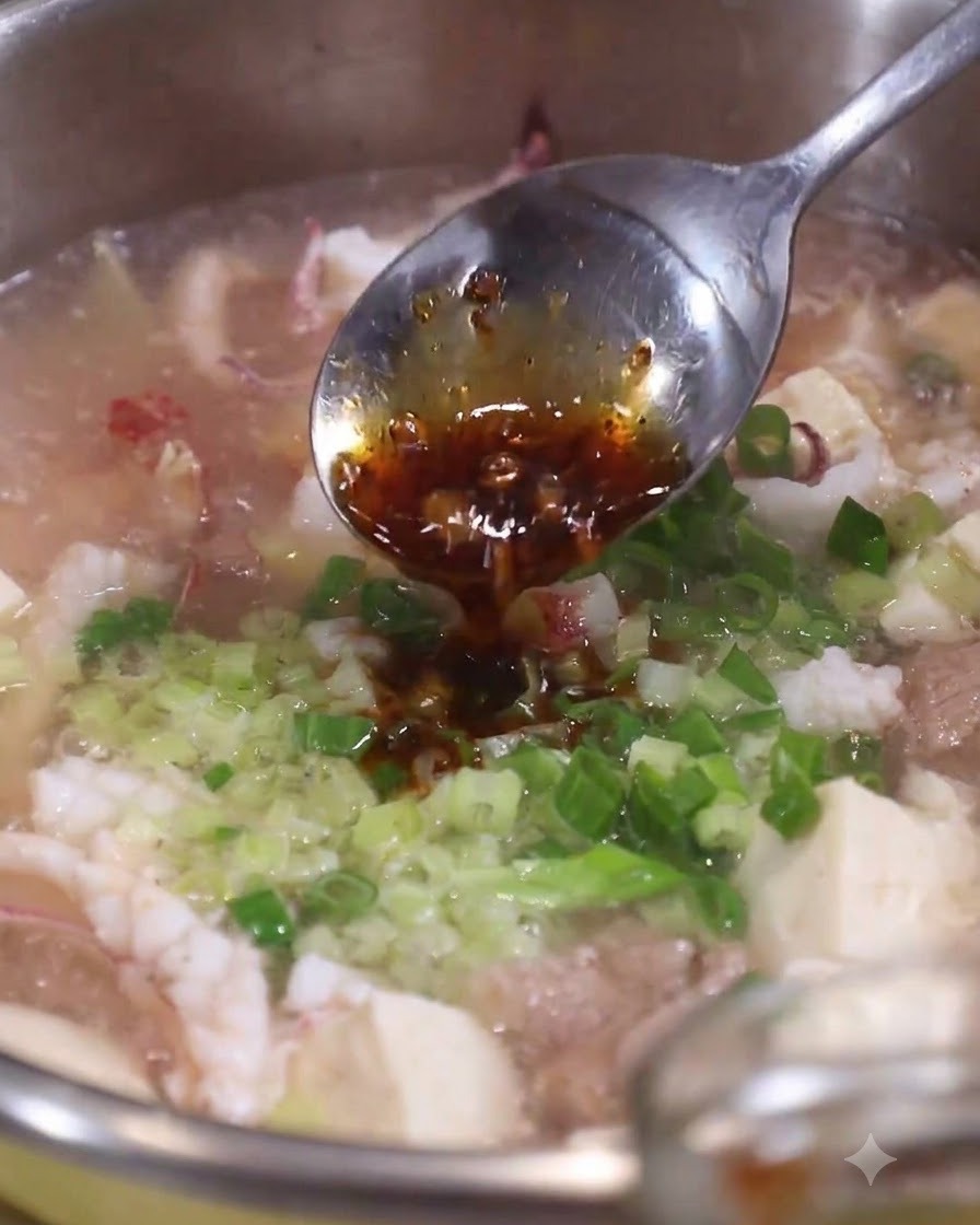 Une cuillerée dhuile de ciboule foncée versée sur des oignons verts hachés frais et du céleri dans une casserole de soupe de fruits de mer chaude.