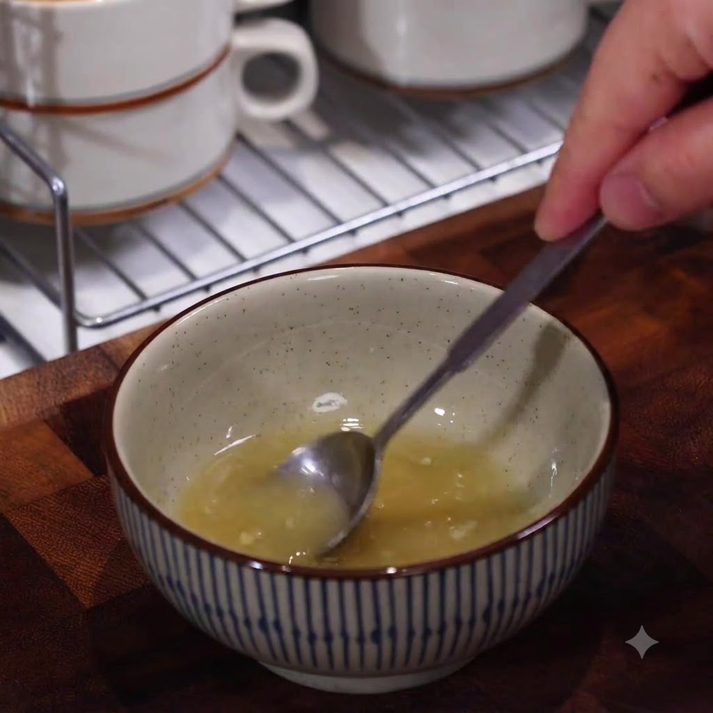 Une main utilisant une petite cuillère pour remuer un mélange de farine, dhuile et deau dans un petit bol en céramique.