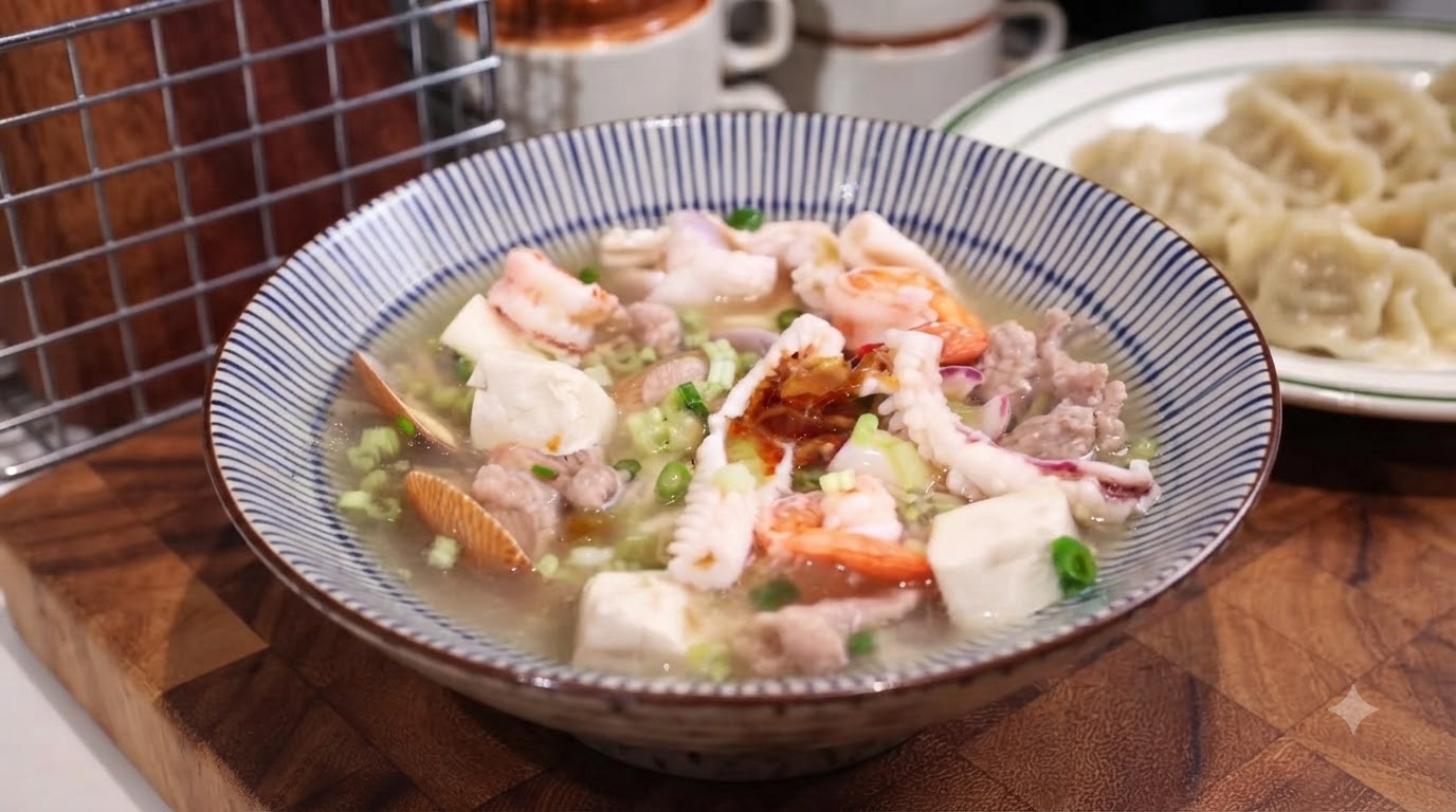 Un bol de soupe de fruits de mer Minnan garni de crevettes, calmars, palourdes et porc, servi avec des raviolis croustillants fleur de glace