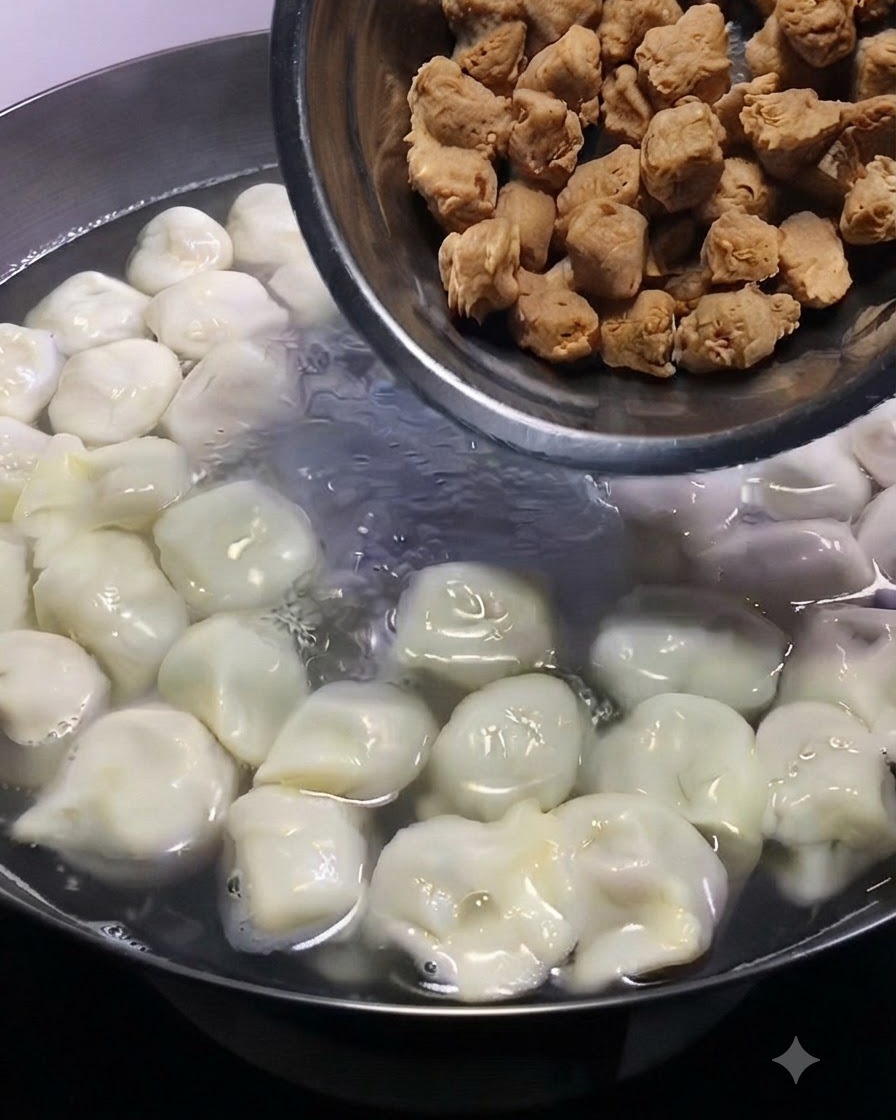 Petites boulettes de viande brunes versées dun bol en métal dans une marmite frémissante contenant des raviolis.