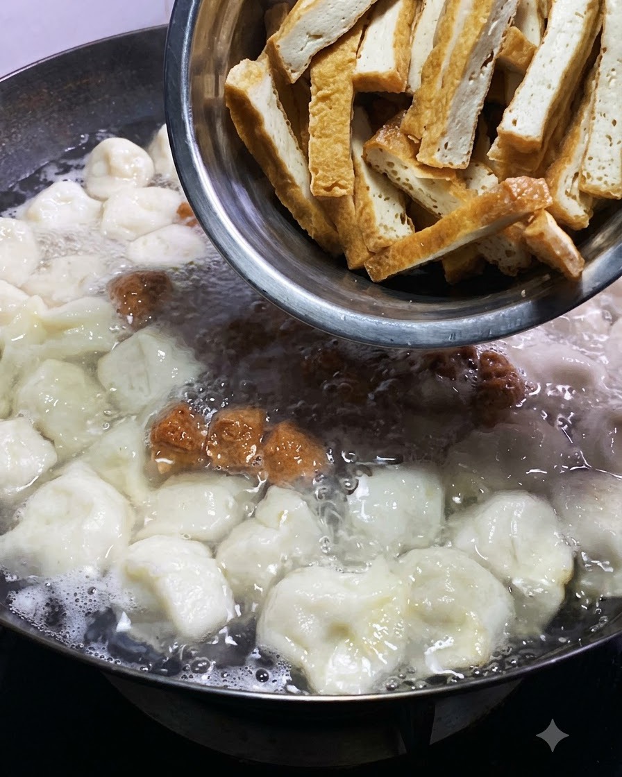 Lanières de tofu frit doré glissant dun bol en métal dans la marmite bouillonnante à côté des raviolis et boulettes.