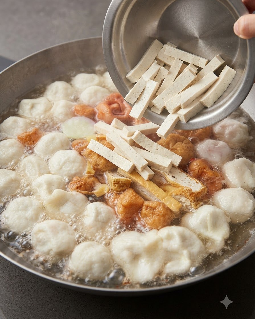 Un bol en métal versant des bâtonnets de tofu blanc frais bien coupés dans une soupe riche avec divers ingrédients.