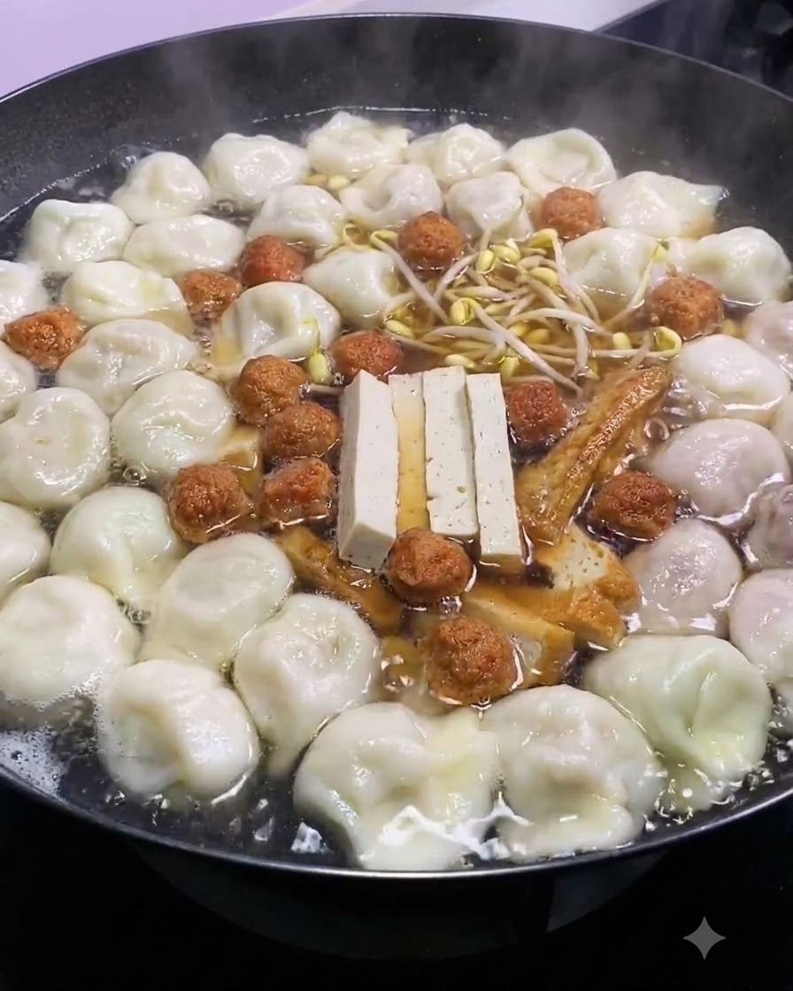 Pousses de soja jaunes fraîches placées au centre dune marmite bien remplie de soupe frémissante avec raviolis, tofu et boulettes.