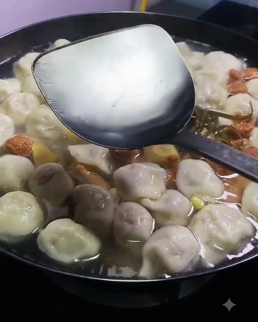 Une louche versant de la sauce soja claire dans une marmite frémissante remplie de raviolis, de viande et de tofu.