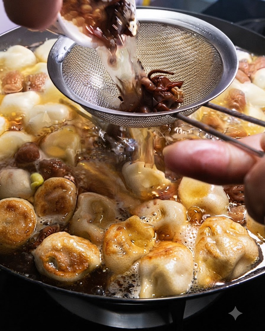 Le liquide des poivres de Sichuan et de lanis étoilé trempés est filtré à travers un tamis métallique dans la marmite.
