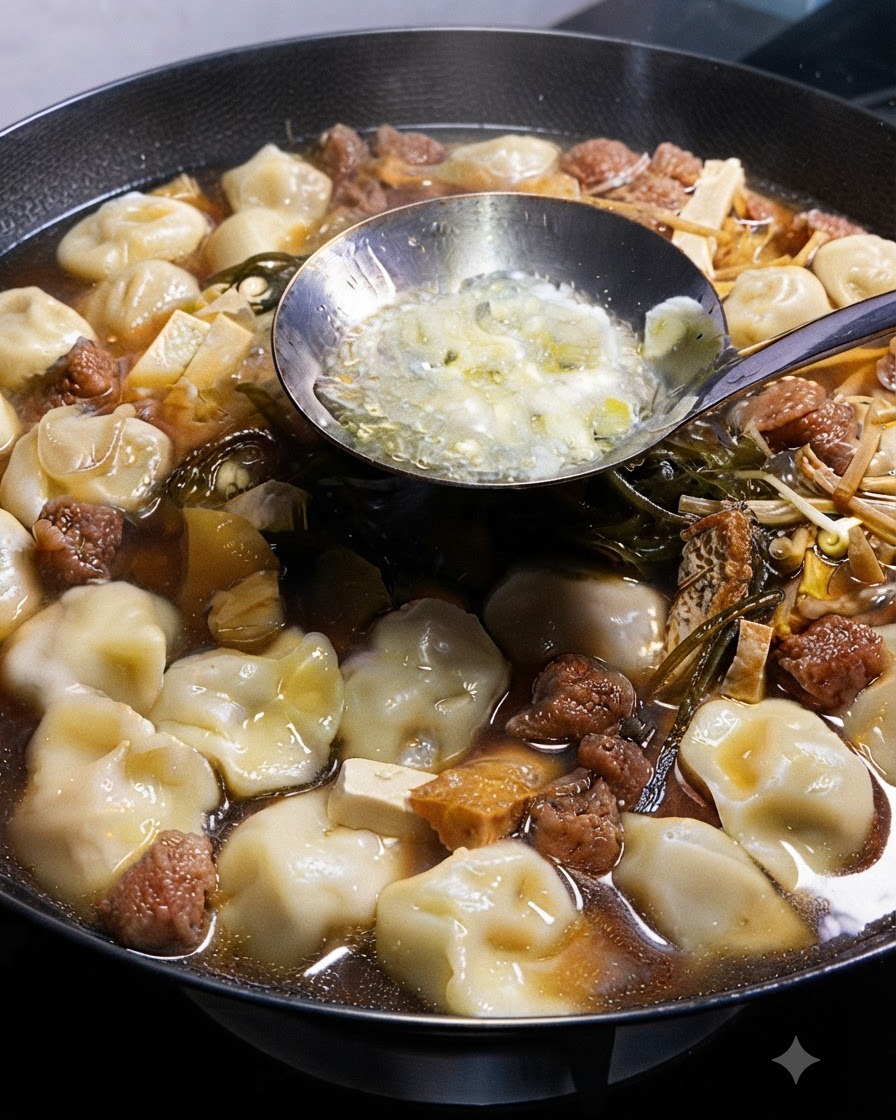 Une louche contenant de lhuile très chaude avec des cébettes hachées et de lail versée dans le bouillon frémissant.