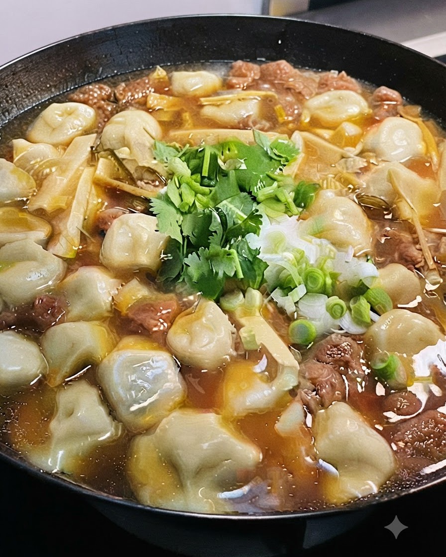 Coriandre fraîchement hachée et jeunes oignons parsemés sur la soupe aux raviolis cuite.