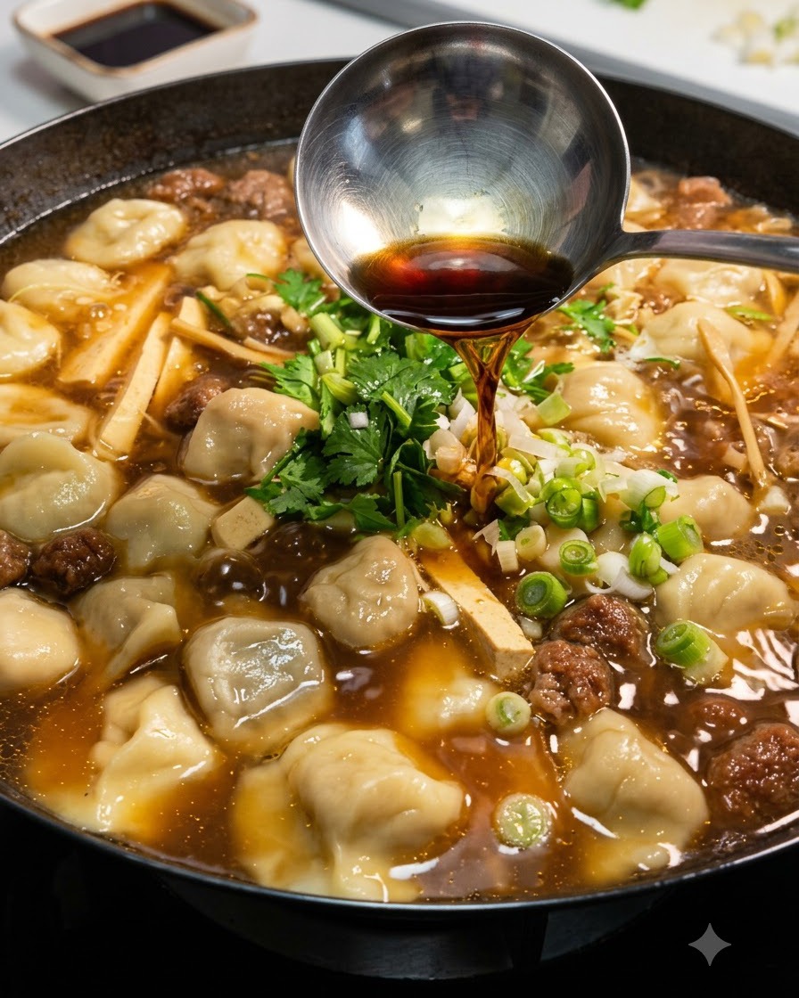 Du vinaigre vieilli sombre versé dune louche en acier inoxydable dans le wok frémissant.