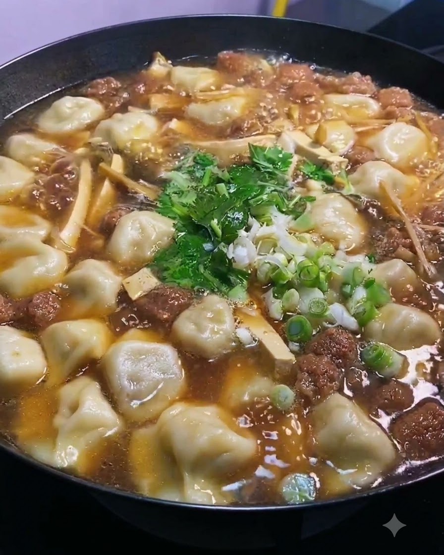 Quelques gouttes dhuile de sésame déposées à la surface du bouillon chaud.