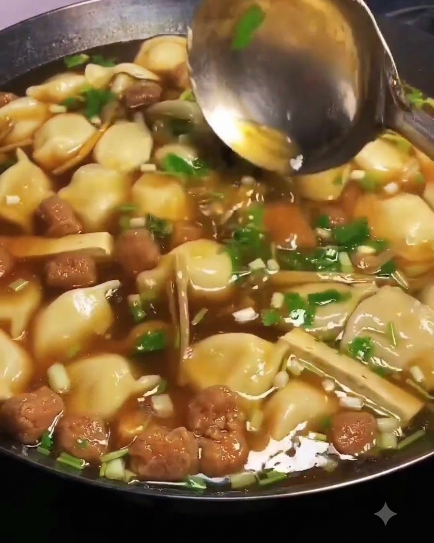 Une grande louche remuant délicatement la soupe de raviolis dans le wok.