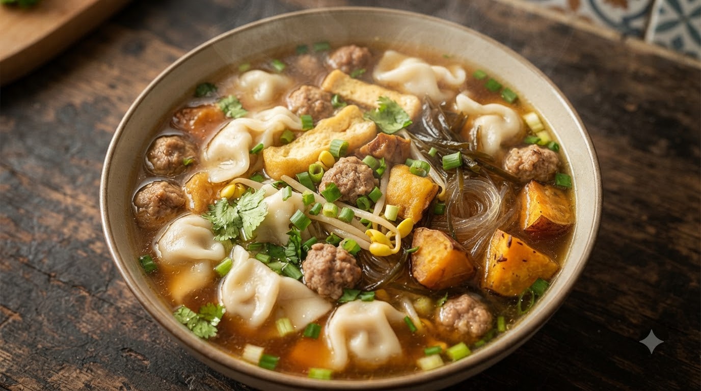 Soupe Chinoise Réconfortante aux Raviolis, Boulettes et Tofu