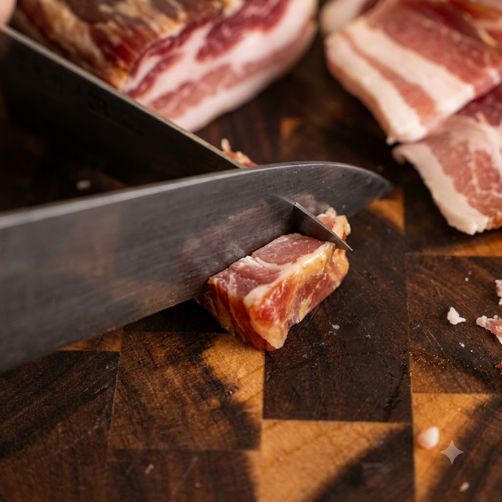 Un couteau de cuisine tranchant un morceau épais de lard sur une planche à découper en bois.