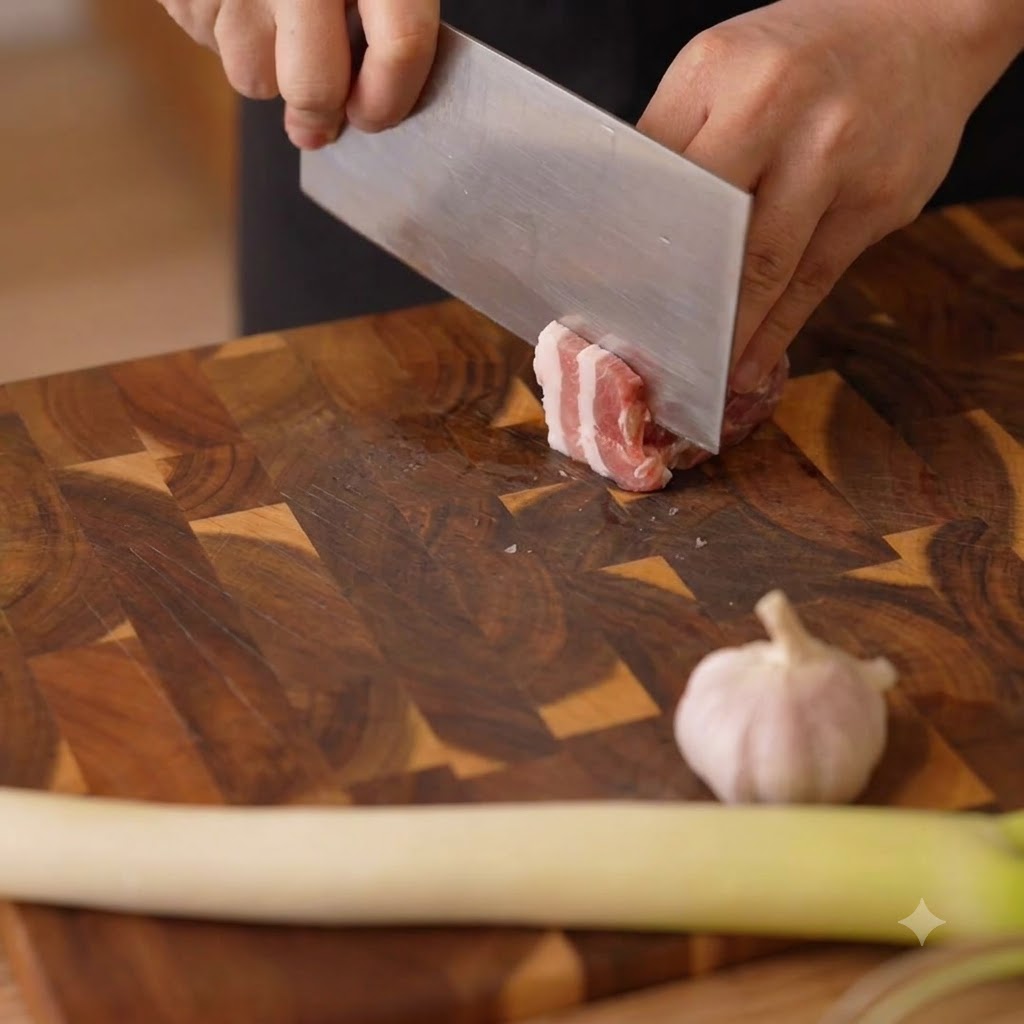 Des mains utilisant un grand couteau de boucher pour couper un morceau de poitrine de porc en tranches fines sur une planche en bois.