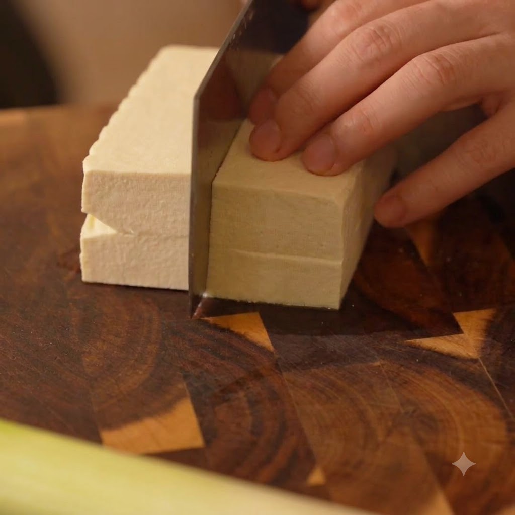 Une main guidant un couteau pour trancher un bloc de tofu blanc en petits cubes sur une planche à découper en bois.