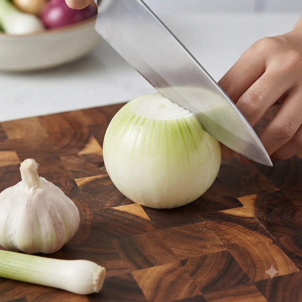 Un couteau de chef tranchant un oignon blanc entier pelé en quartiers sur une planche à découper en bois.