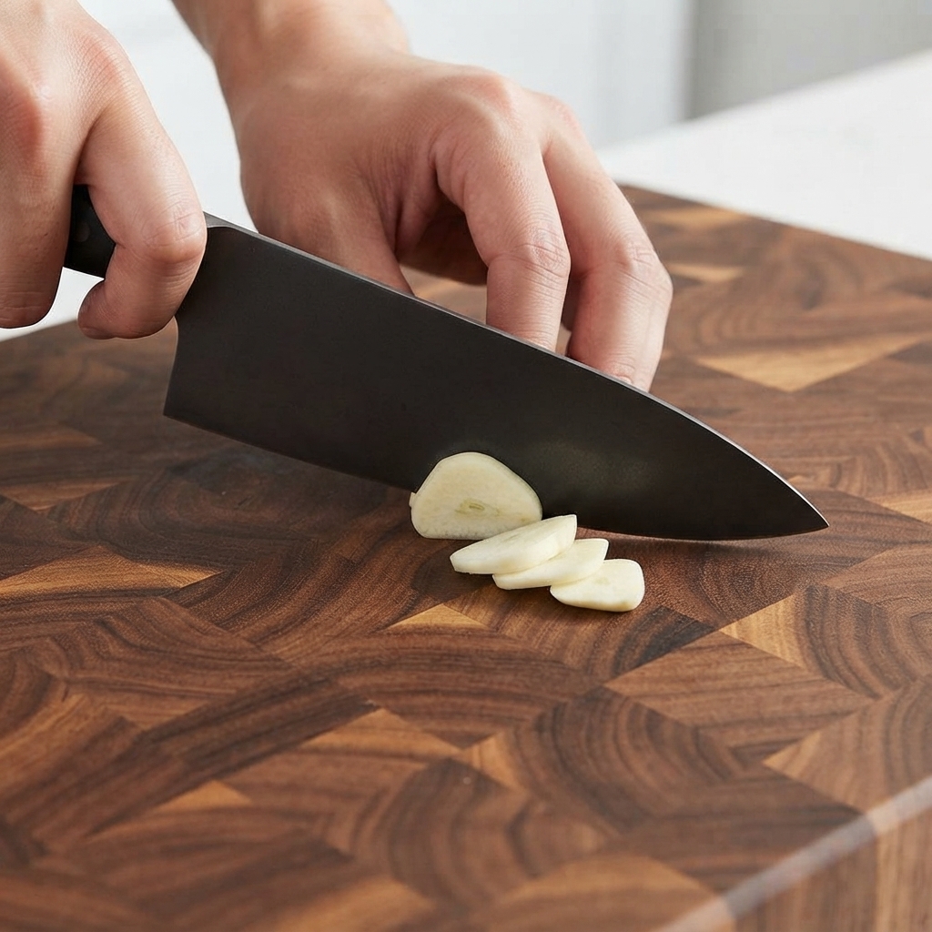 Des gousses dail et un oignon blanc en cours de hachage sur une planche à découper en bois avec un couteau de cuisine.