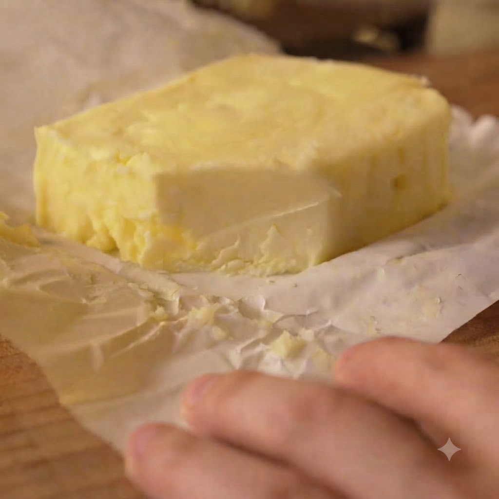 Une vue rapprochée dun petit carré de beurre reposant sur son papier demballage près dune casserole de cuisson.