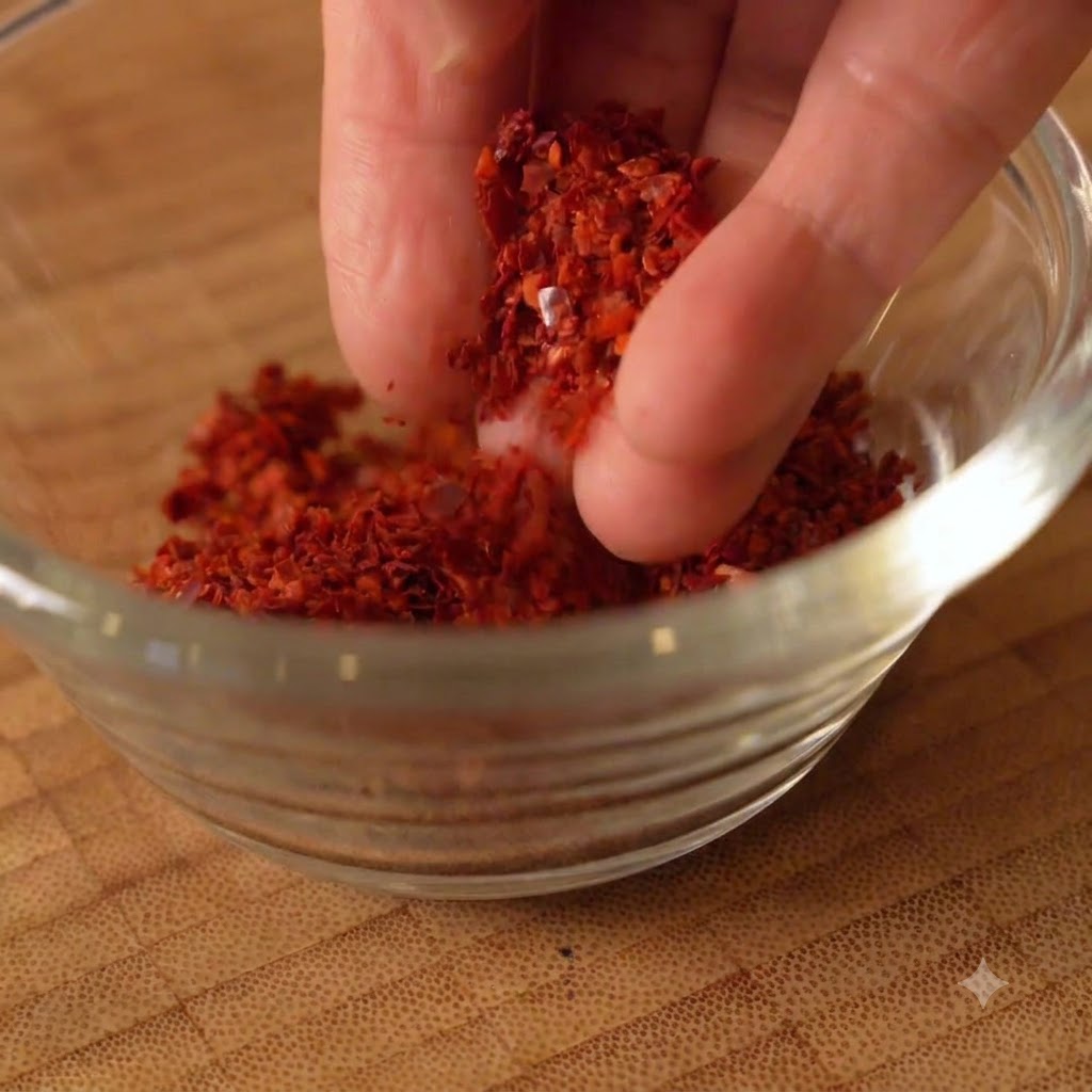 Une main tenant une pincée de flocons de piment rouge au-dessus dun petit bol en verre.