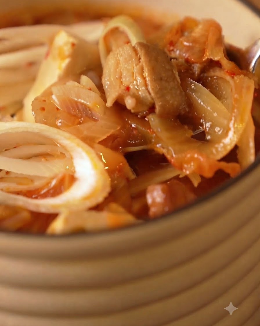 Un plan rapproché de soupe chaude au kimchi contenant des oignons, du tofu et du porc à lintérieur dun bol de service.