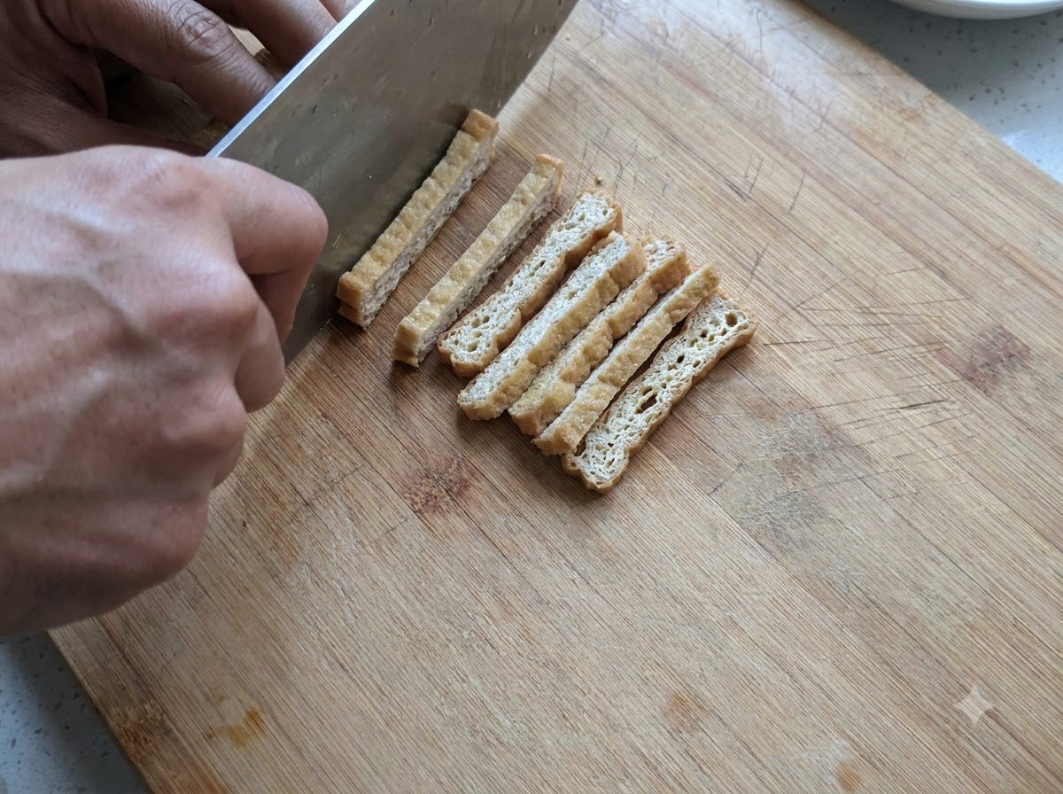 Une paire de mains coupant du tofu frit en fines lanières avec un couteau sur une planche en bois.