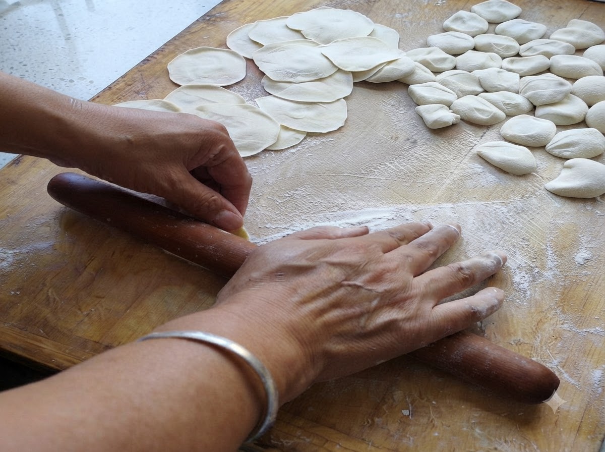 Mains étalant des enveloppes de raviolis rondes à laide dun rouleau à pâtisserie en bois sur une surface farinée.