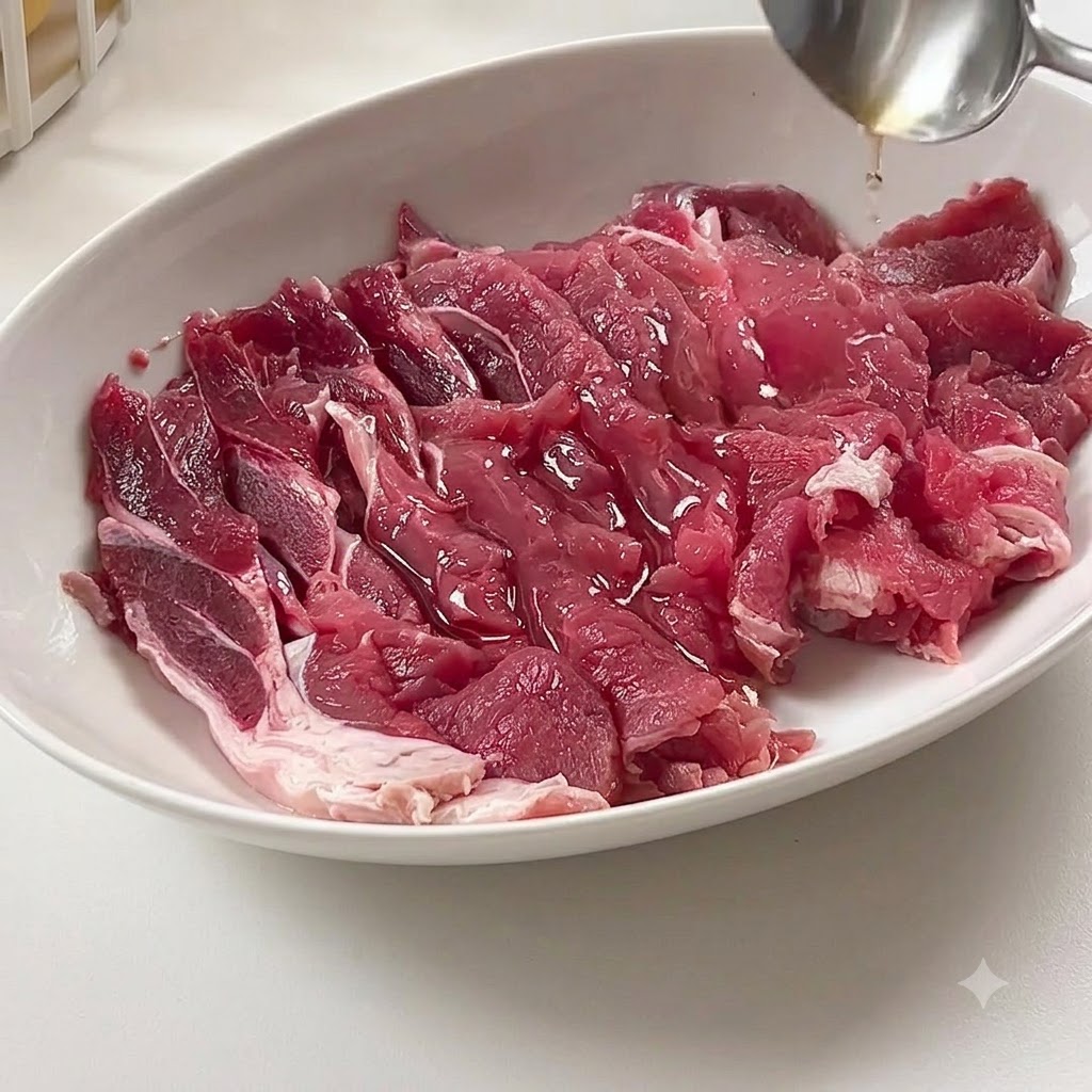 Tranches de bœuf cru dans un plat blanc arrosées de sauces dassaisonnement à laide dune cuillère.