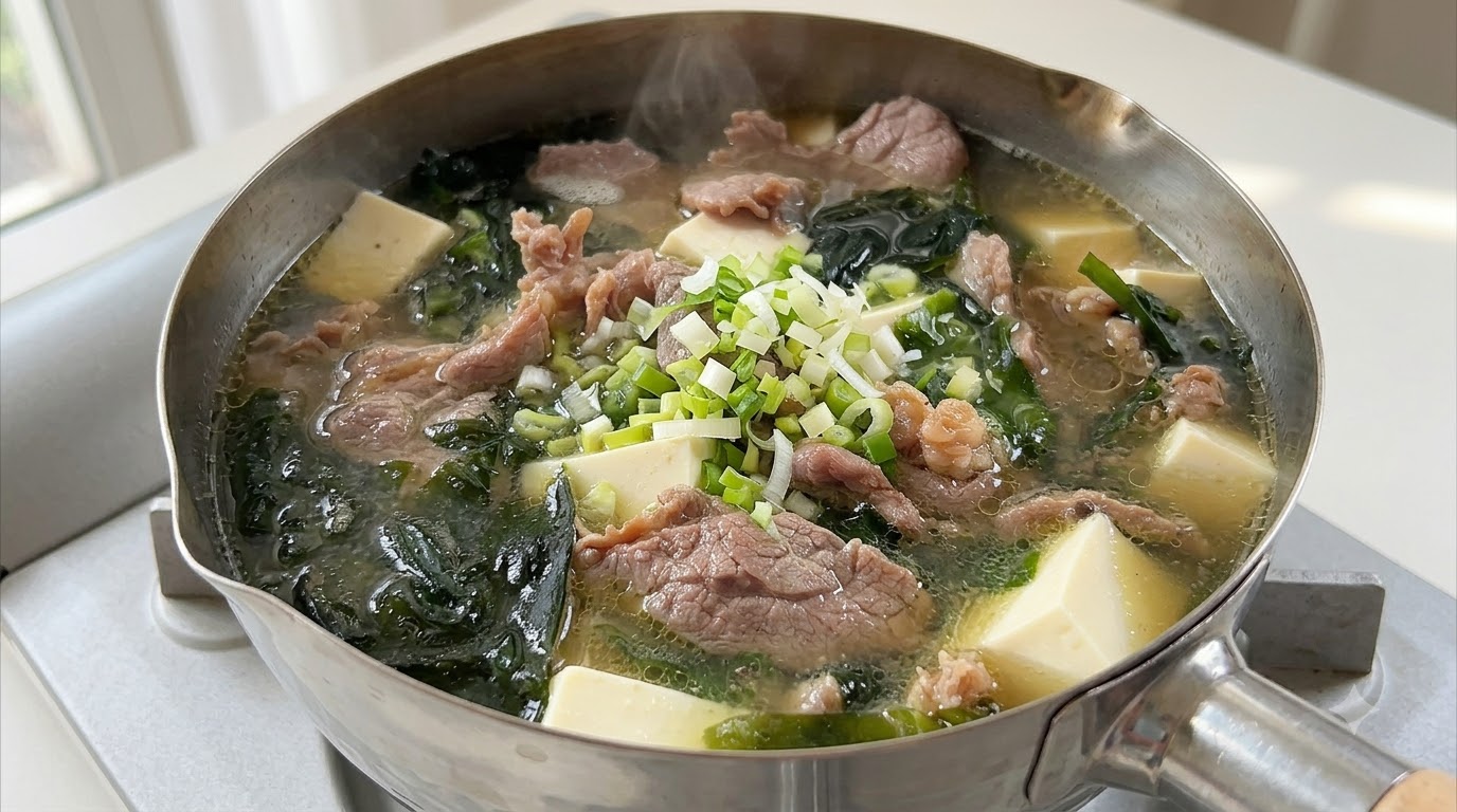 Une casserole fumante de soupe légère au bœuf, tofu et algues garnie de oignons verts frais