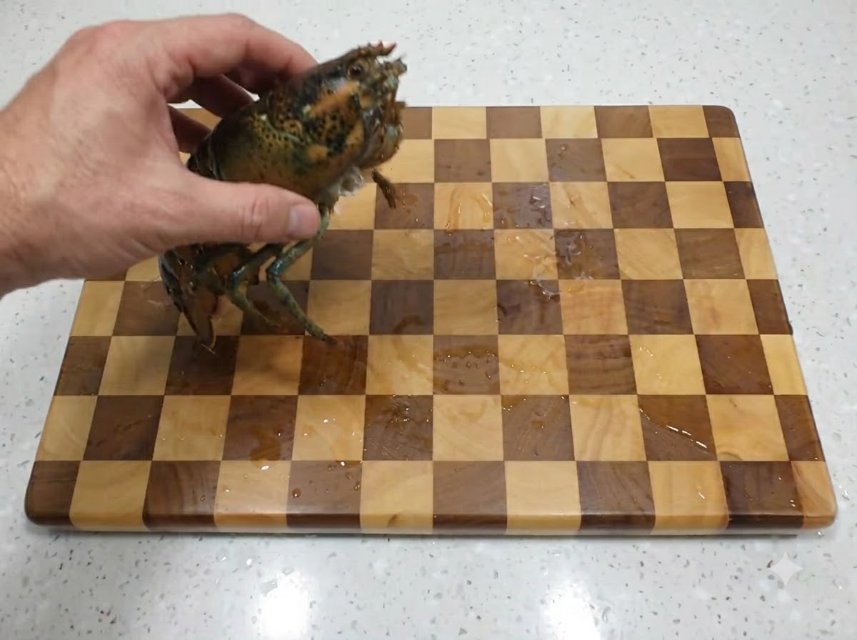 Une main tenant un homard cru frais sur une planche à découper en bois à carreaux.