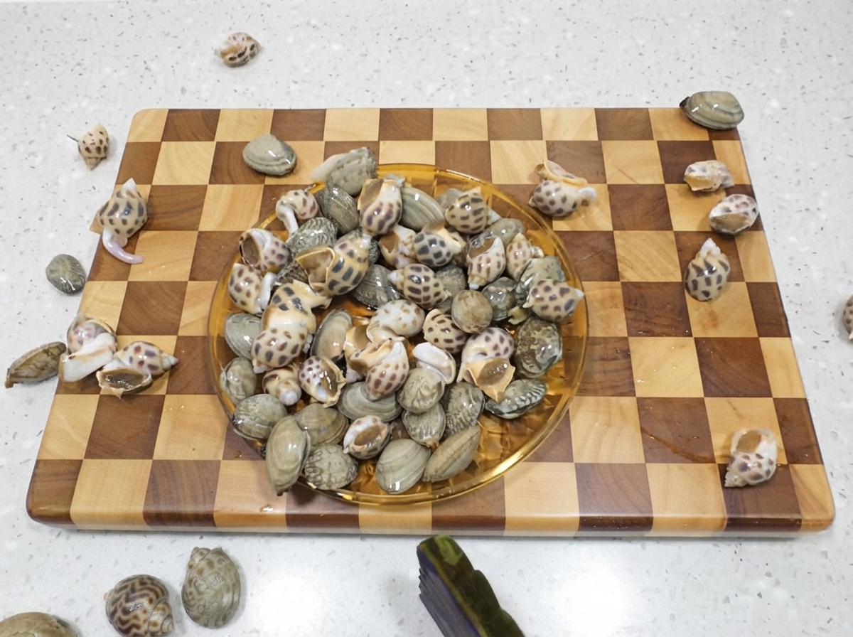 Une assiette remplie descargots de mer tachetés crus reposant sur une planche à découper.