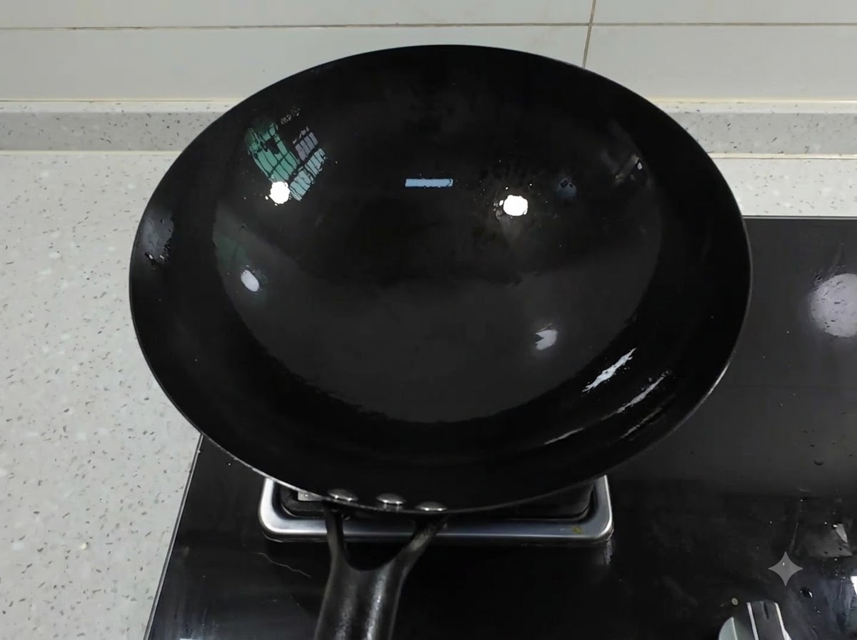 Un wok en fer noir propre sur un brûleur de cuisinière à gaz avec de lhuile au fond.