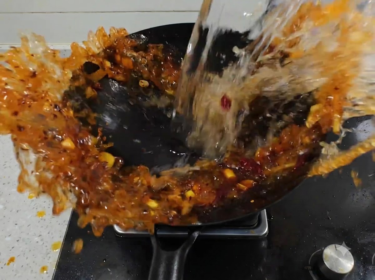 De leau versée dun pichet dans un wok rempli de pâte de piment épicée et daromates crépitants.