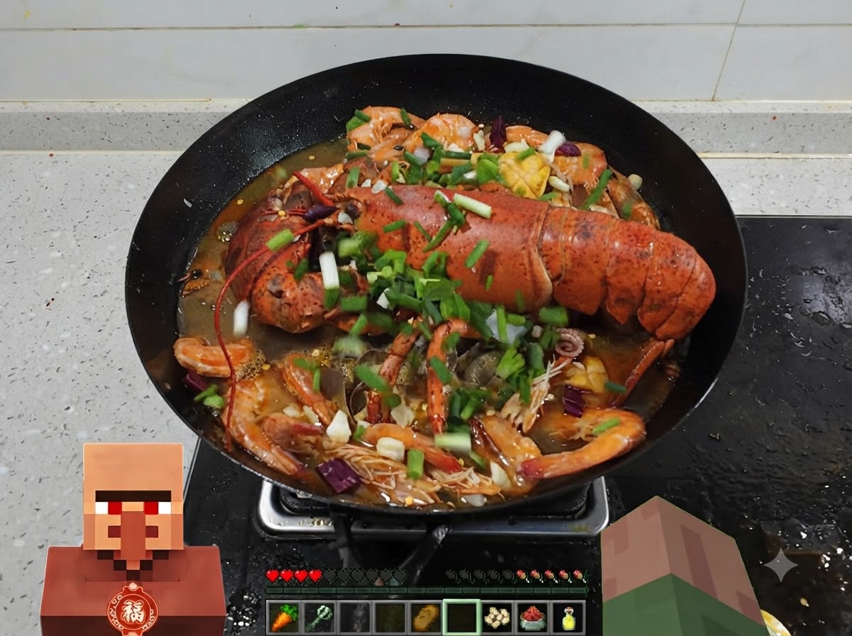 Un grand wok rempli de homard cuit, de crevettes et de fruits de mer garnis dune généreuse couche de cébette hachée.