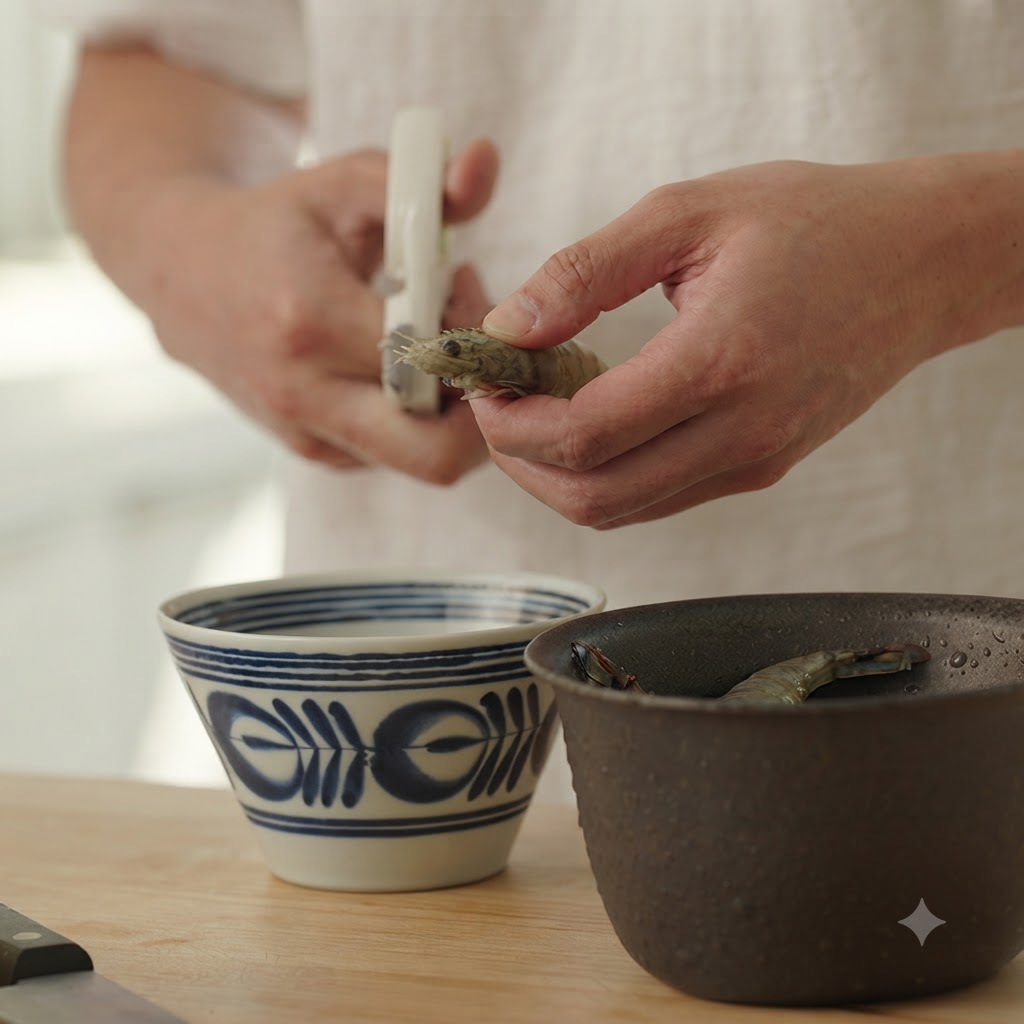 Une paire de ciseaux de cuisine coupant le dos dune crevette crue tenue dans les mains.