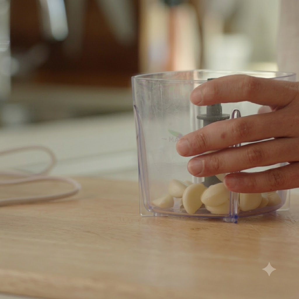 Gousses dail épluchées à lintérieur du petit bol dun robot culinaire sur une planche en bois.
