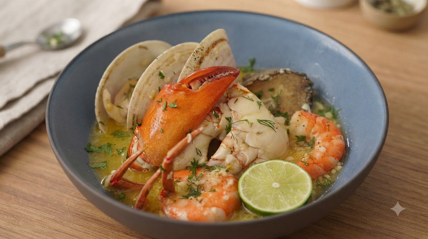 Une poêlée vibrante de fruits de mer au beurre et à lail avec des pinces de crabe, des crevettes roses et des palourdes ouvertes dans un riche bouillon doré.