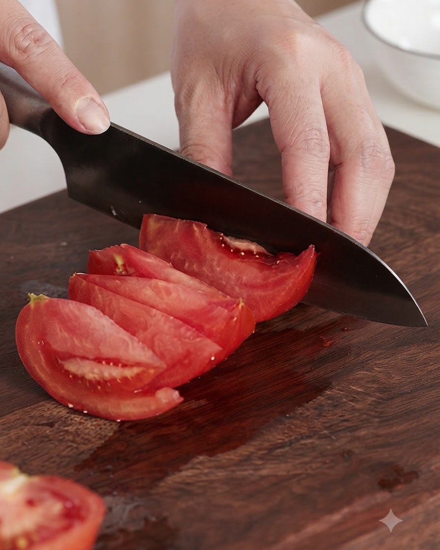 Des tomates rouges fraîches coupées en quartiers épais sur une planche à découper en bois avec un couteau.