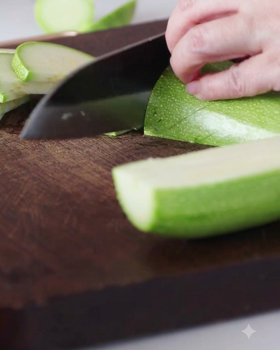 Une courgette verte coupée en demi-lunes sur une planche à découper en bois.