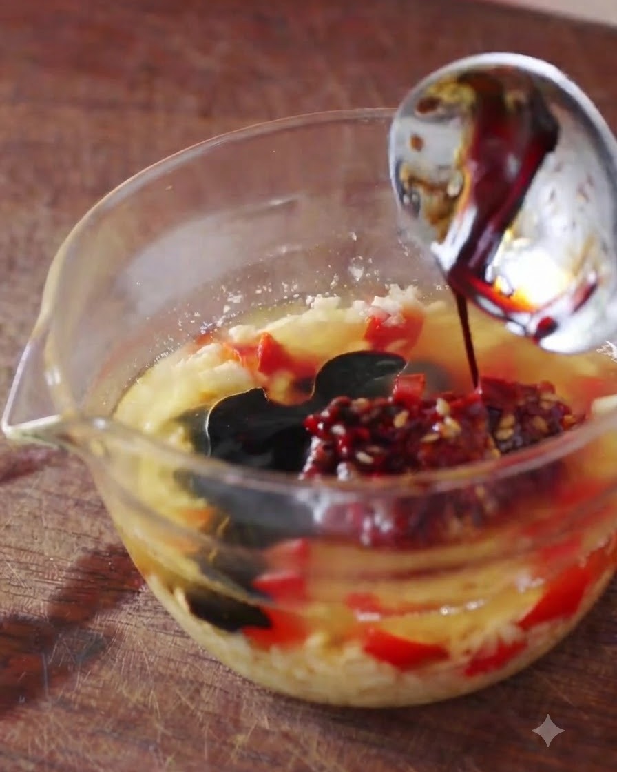 De la sauce soja foncée et des assaisonnements versés dune cuillère dans un bol en verre avec de lail et du piment, formant une sauce épaisse.
