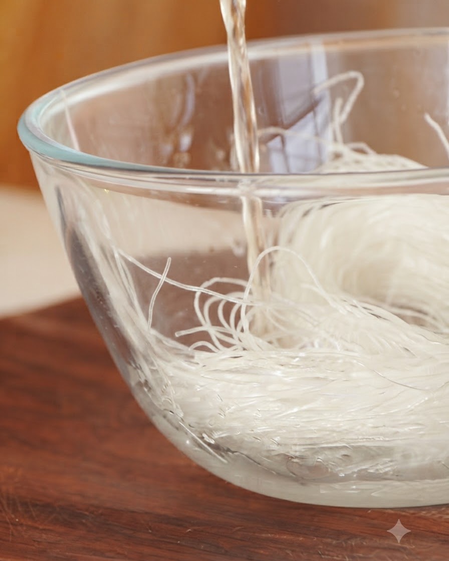 De leau tiède versée dans un bol en verre transparent rempli de vermicelles secs.