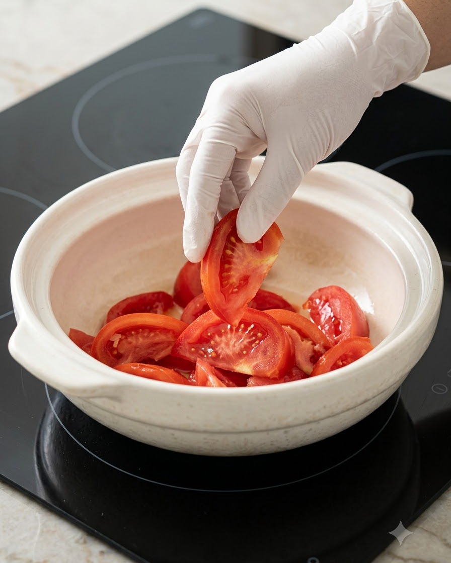 Des quartiers de tomates disposés à plat au fond dune marmite en céramique blanche.