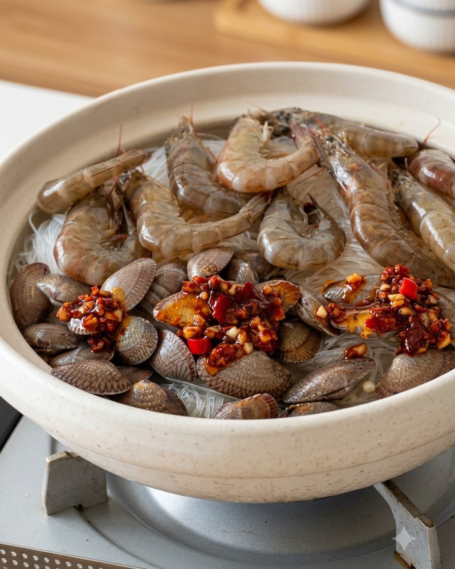 De la sauce rouge à lail et au piment déposée à la cuillère de façon homogène sur les fruits de mer et les vermicelles.