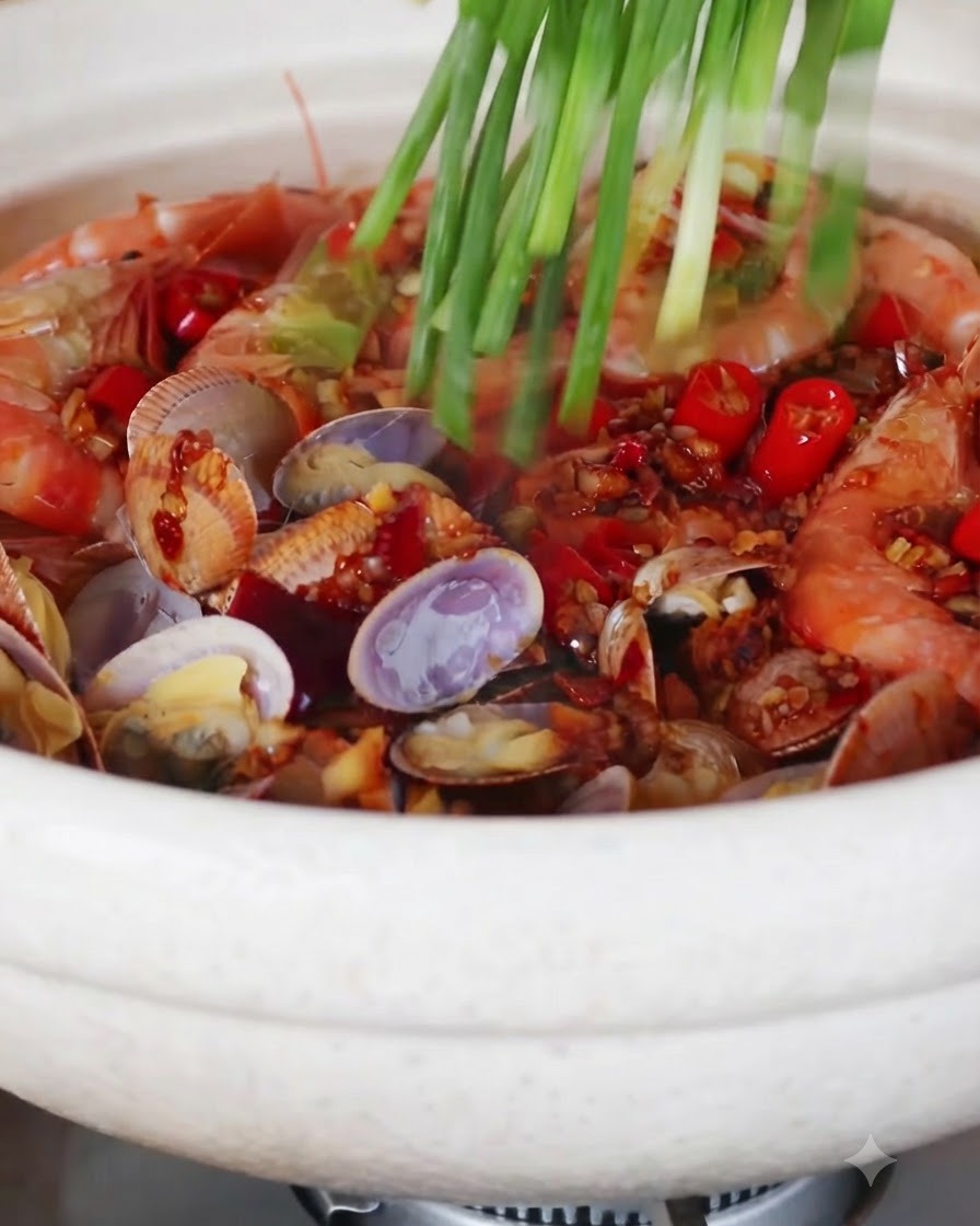 Une poignée doignons verts frais parsemée sur une marmite bouillonnante de fruits de mer et de vermicelles.
