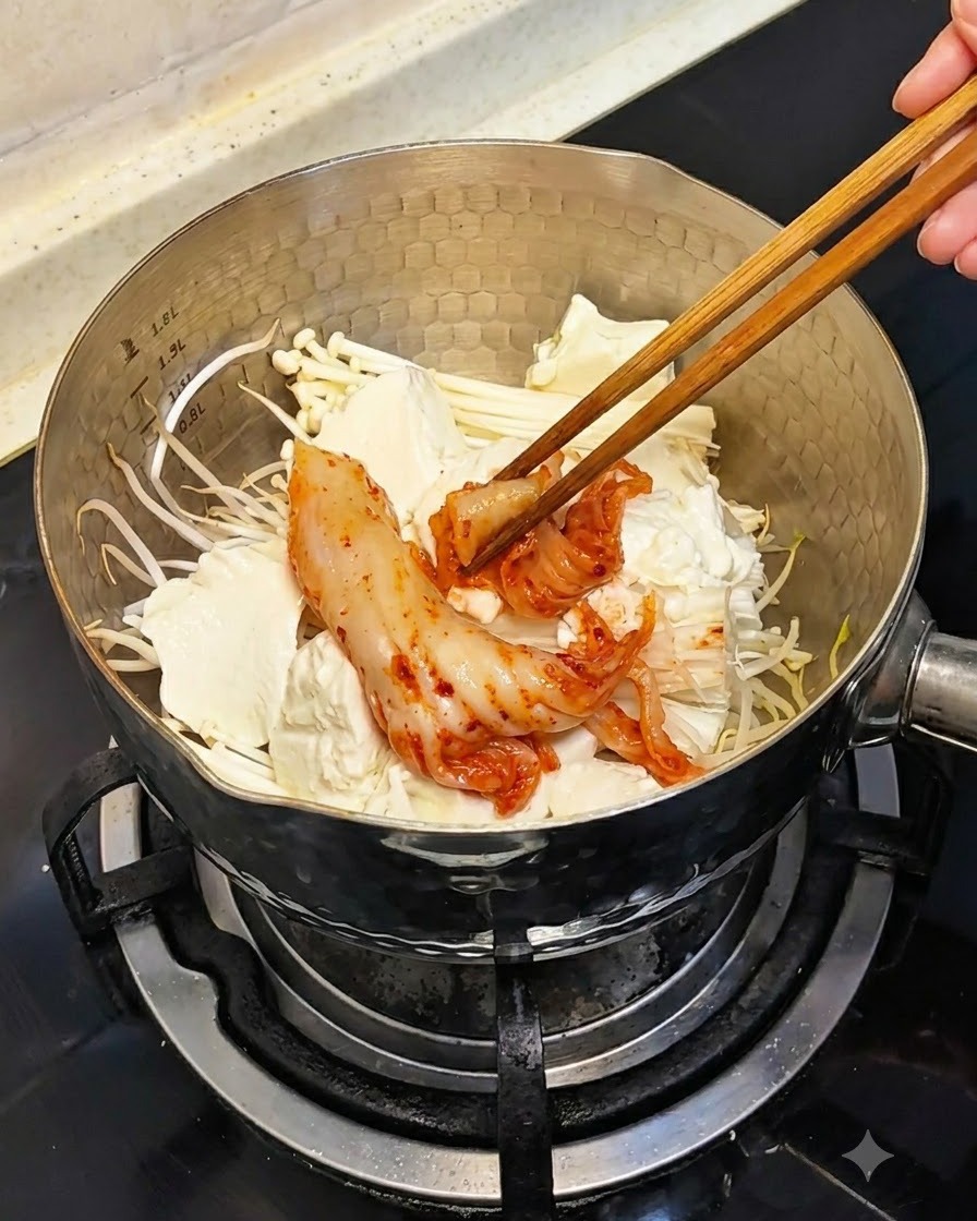 Des baguettes plaçant des morceaux de kimchi rouge fermenté dans la casserole par-dessus le tofu et les champignons.