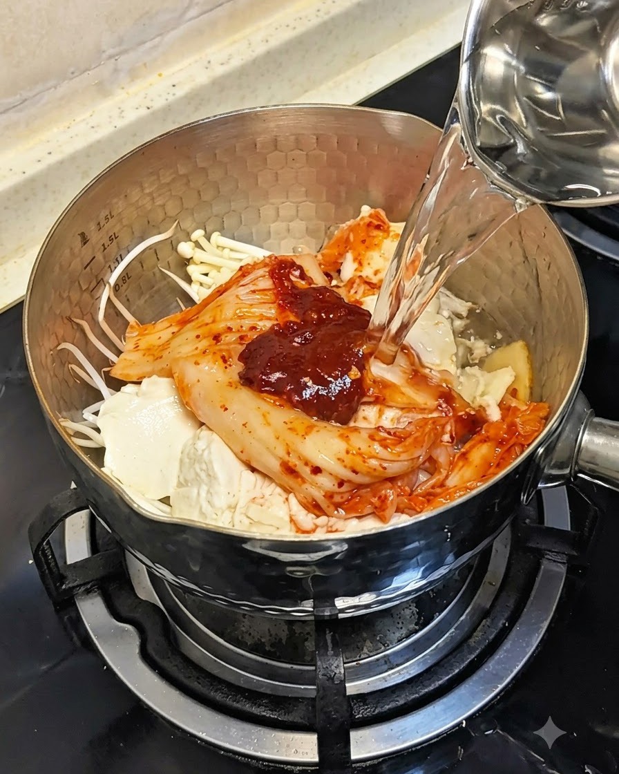 De leau claire versée dun verre mesureur dans la casserole remplie dingrédients.