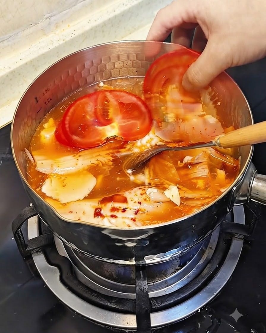 Deux tranches épaisses de tomate rouge fraîche placées dans le bouillon rouge frémissant du hot pot.