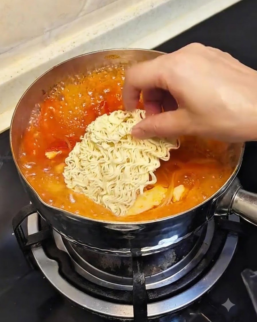 Un bloc carré de nouilles instantanées déshydratées placé au centre de la casserole de ragoût frémissant.
